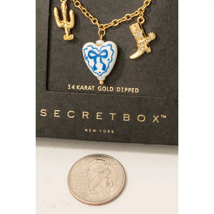 Gold Dipped Ceramic Bow Heart & Western Charms Necklace