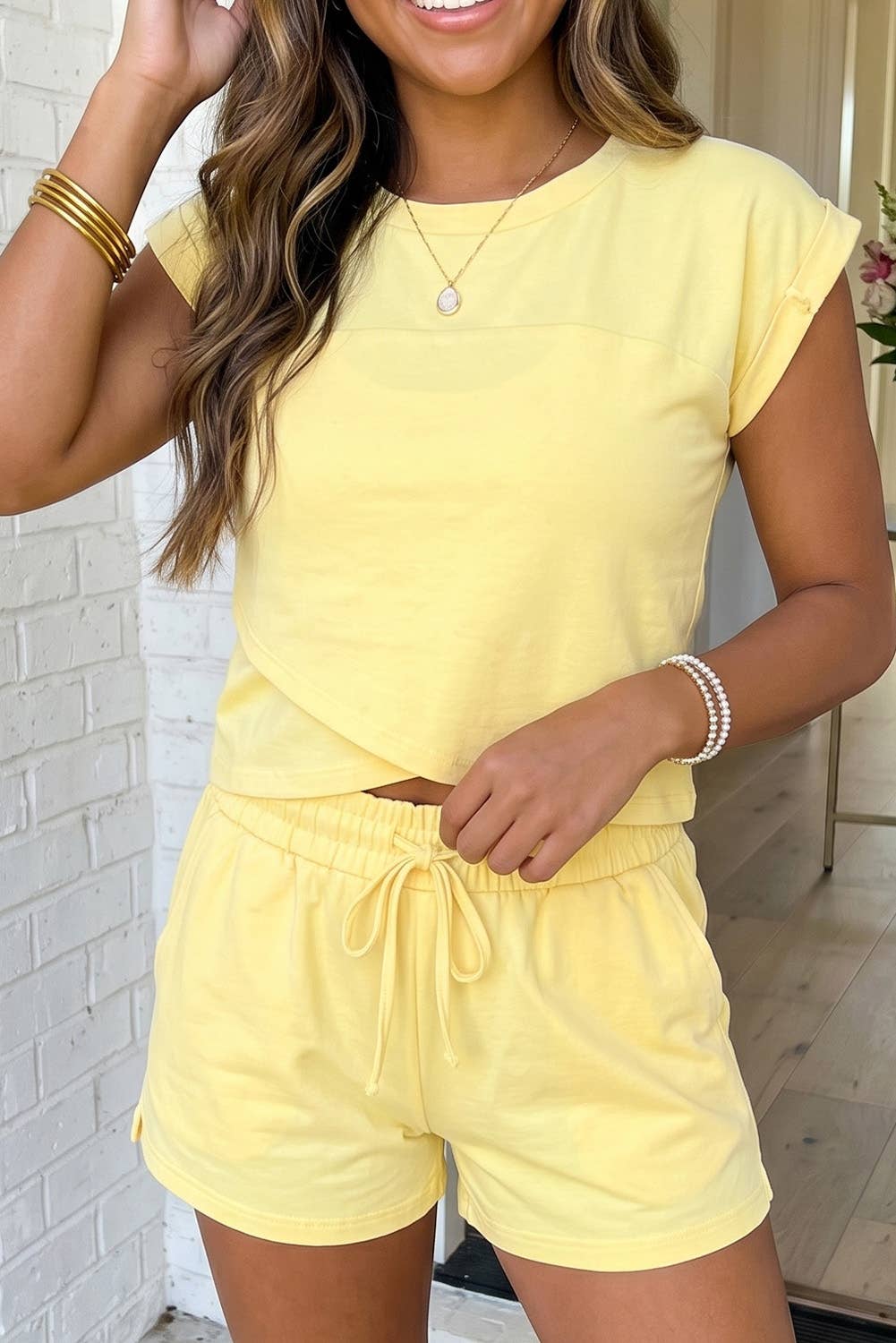 Crossover Cropped Tee Short Loungewear Set (2 Colors)