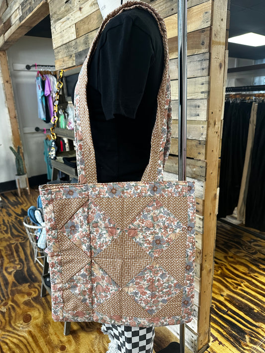 Handmade Neutral Floral Quilted Shoulder Bag