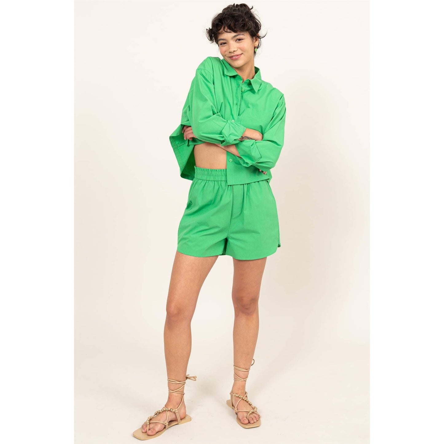 Poplin High Waist Shorts- Green