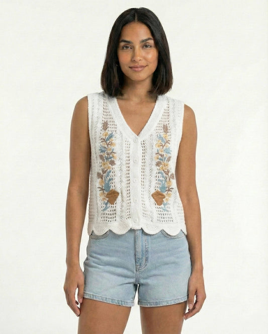 Floral Embroidered Crochet Knit Vest