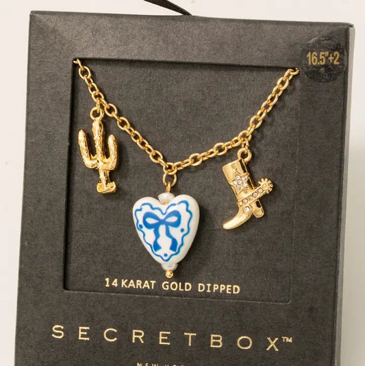 Gold Dipped Ceramic Bow Heart & Western Charms Necklace
